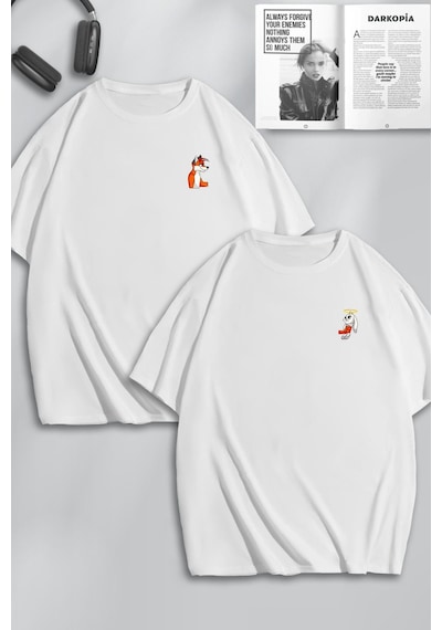 Unisex Kadın Erkek Sevimli Tavşan Ve Tilki Sevgili Çift Kombini Tasarım Oversize Tshirt 2'li Beyaz1 Mck0123 Beyaz