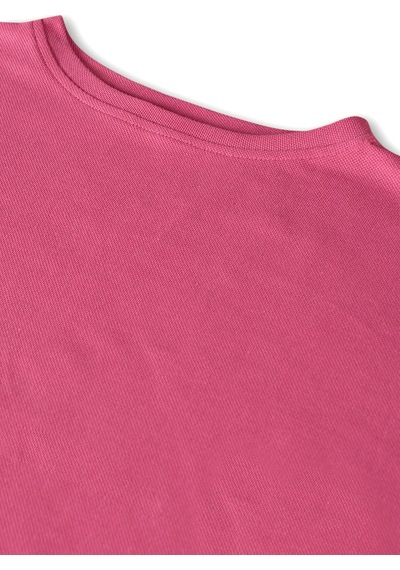 Pembe Bisiklet Yaka Rahat Kalıp Yarasa Kol Pike Kadın Crop T-shirt Pembe