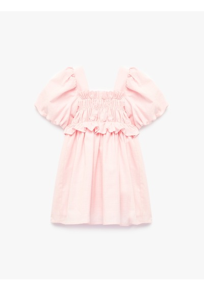 Koton Balon Kollu Fırfır Detaylı Pamuklu Elbise Pembe 6smg80098aw Gül