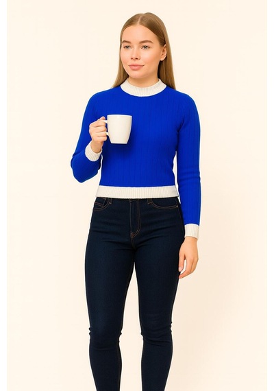 Hira Life Fashion Kadın Bisiklet Yaka Fitili Ve Şerit Detaylı Crop Triko Kısa Kazak Mavi Mavi Hira Life Fashion Kadın Bisiklet Yaka Fitili Ve Şerit Detaylı Crop Triko Kısa Kazak Mavi Mavi