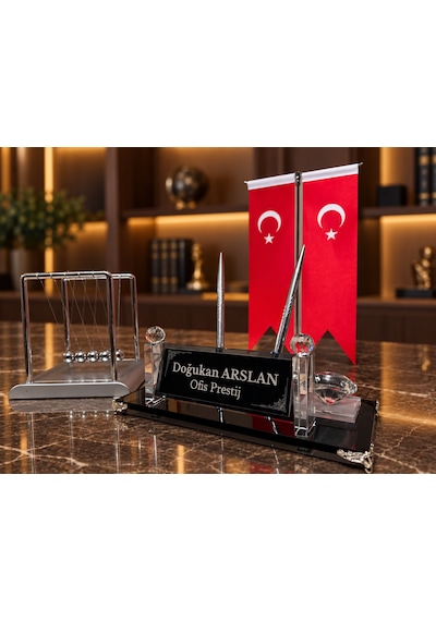 Velora Prestıge Newton Sılver 3 Parça Kişiye Özel Çift Kalemli Kristal Masa İsimliği Seti Siyah