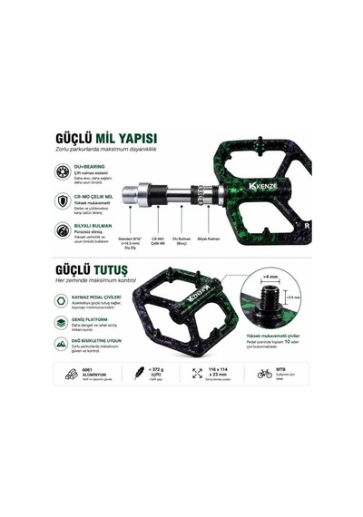 Kenze 3 Rulmanlı Ultralight Alüminyum Alaşımlı Mtb Bmx Geniş Hafif Platform Pedal Yeşil Mor