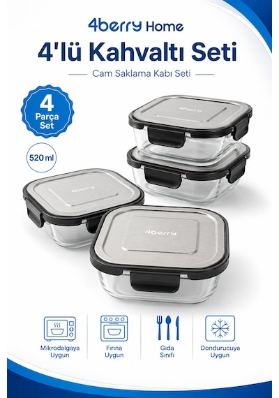 İnoks Kapaklı 4 Lü Cam Saklama Kabı Seti Kahvaltılık & Çok Amaçlı 520 Ml Şeffaf
