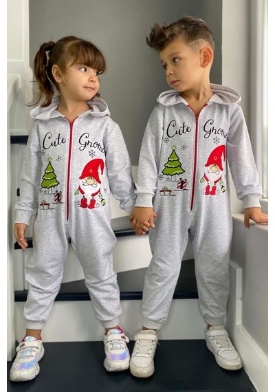 Riccotarz Kız Erkek Bebek Üzerinde Noel Baba Ve Ağaç Önü Fermuarlı Kapüşonlu Gri Tulum Gri