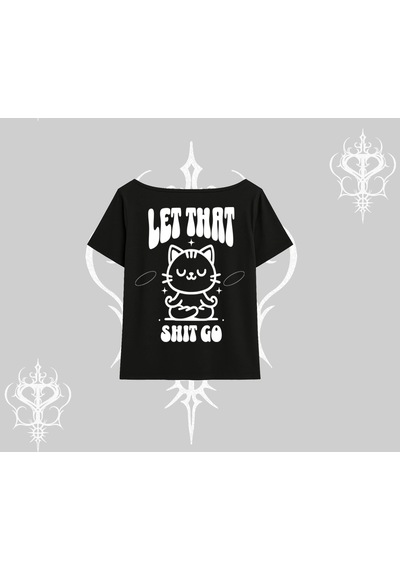 Tarzsokak Meditasyon Yapan Kedi Baskılı Kayık Yaka Tshirt Siyah