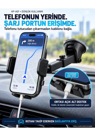 Dexxony Hp-a01 Vakum Kilitli Vantuzlu Araç İçi Telefon Tutucu 360 Döner Teleskopik Kollu Siyah Centilmen Siyah