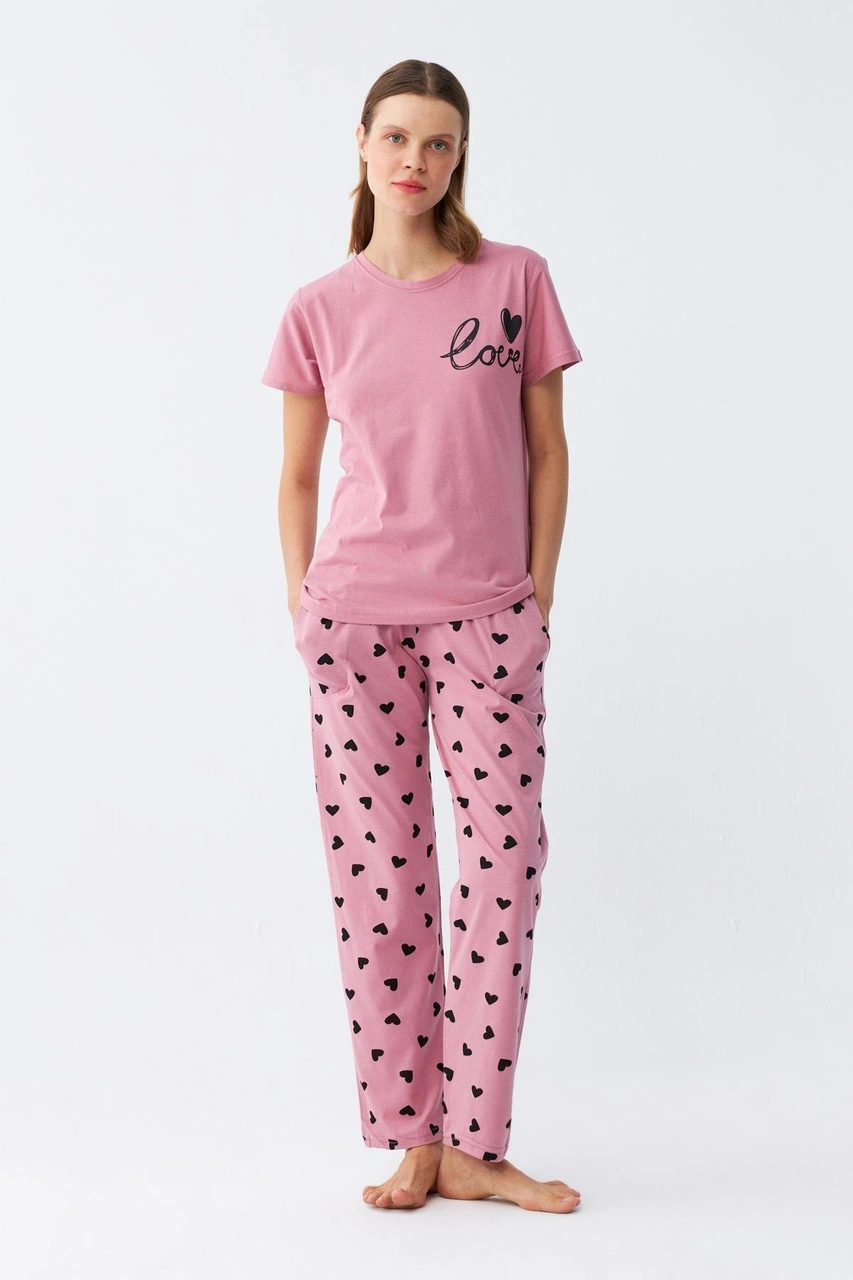Akbeniz Kadın Somon Kalp Desenli Kısa Kollu Penye Pijama Takımı Pembe