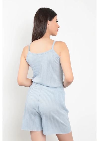 Giysa Mavi İp Askılı Şortlu Kaşkorse Kadın Pijama Takımı Pamuk Karışımlı Kumaş - 6015 Mavi