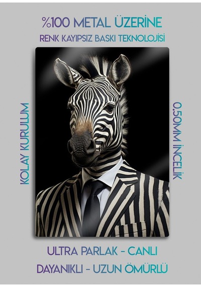 Takım Elbiseli Zebra, Çizgili - Sanatsal Metal Hayvan Tablosu