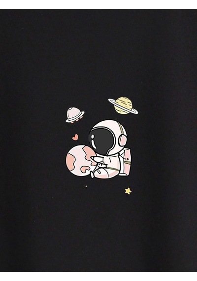 Kadın Siyah Oversize Astronot Baskılı T-shirt Siyah