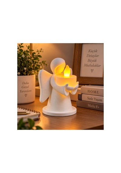 Dekoratif Melek Mumluk Led Pilli Mum Hediyeli 3d Baskı Masa Ve Ev Dekoru 10x8 Cm - Beyaz Açık