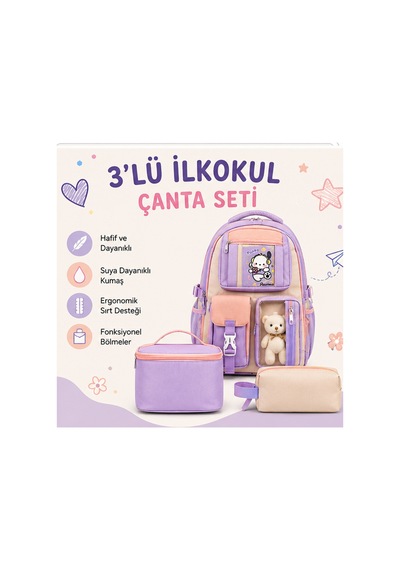 Peluş Oyuncak Detaylı 3'lü İlkokul Çanta Seti - Çok Bölmeli Su İtici Okula Dönüş İlkokul Mor