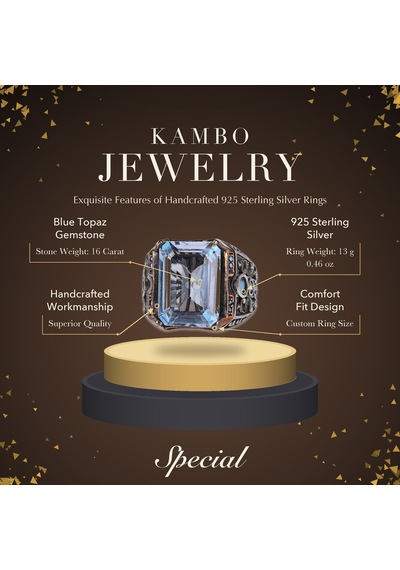 Kambo El Yapımı 925 Ayar Gümüş Mavi Topaz Taşlı Erkek Yüzük - 13 Gr