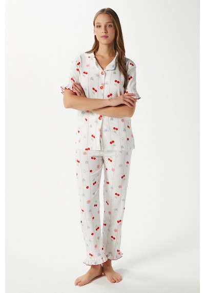 Ritnice Kadın Enda Fırfırlı Kurdela Desen Alt Üst Pijama Takımı