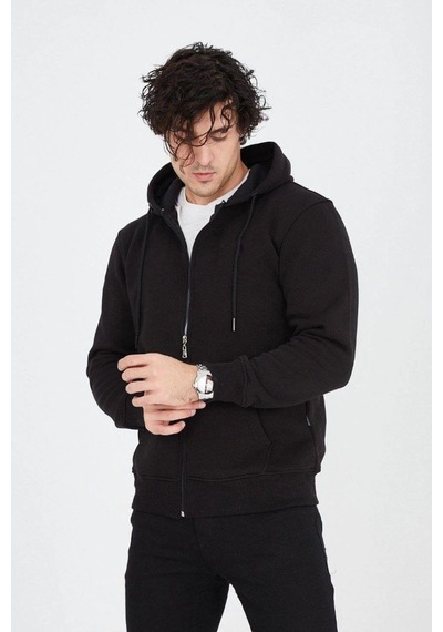 Mbb E-ticaret Erkek 3 İplik Pamuklu Fermuarlı Kapüşonlu Kanguru Cepli Hoodie Hırka Sweatshirt - Siyah