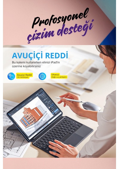 Apple Uyumlu iPad  Air 11 İnç 6. Nesil M2 Çip Avuçiçi Red Ve Eğim Özellikli Şarj Göstergeli Tablet Kalemi