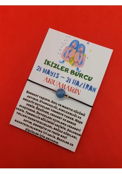 Gümüştel El Sanatları Sertifikalı Ikizler Burcu Akuamarin Doğal Taş Ip Burç Bilekliği 8mm Çok Renkli
