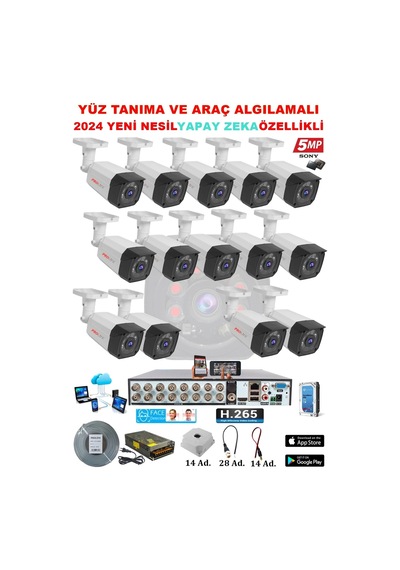14 Kameralı Yapay Zeka Özellikli Yüz Tanıma ve Araç Algılamalı 5 Mp Kuruluma Hazır Kamera Seti
