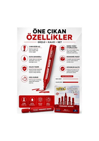 Mavi Permanent Marker Koli Kalemi 12 Li Paket 3 Mm Kesik Uç Kırmızı