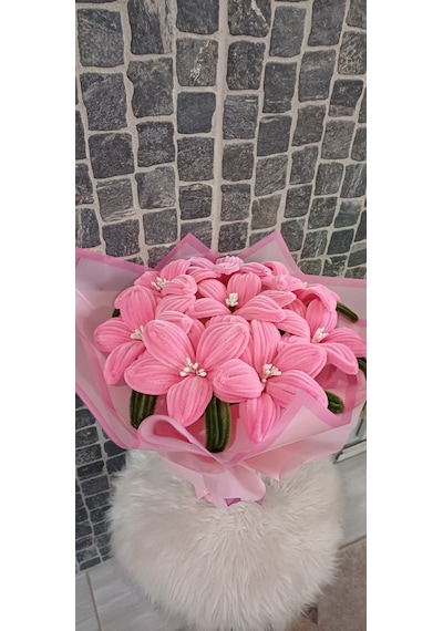 Solmayn Çiçek Buketi Lilyum Çiçek Buketi Şönil Çiçek Pembe - Yeşil