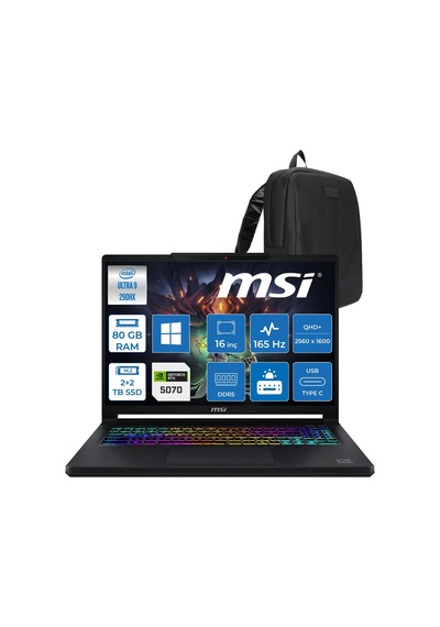 MSI Crosshair 16 Max HX E2WGK-008TR-ZWP38 Ultra 9 290HX Plus 80 GB 2 TB+2 TB SSD RTX5070 16" W11P Dizüstü Bilgisayar +Çanta