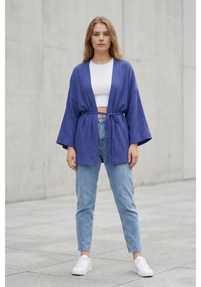 Kadın Mor Kimono Ceket Oversize Bağlamalı Salaş Yazlık Kimono Hırka