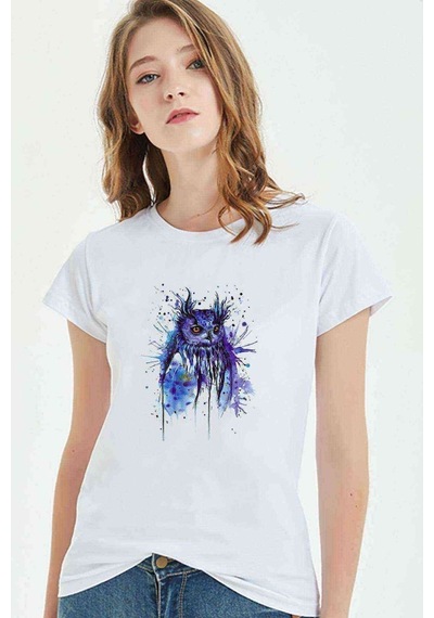 Owl Mavi Kedi Sulu Boya Baskılı Beyaz Kadın Tshirt