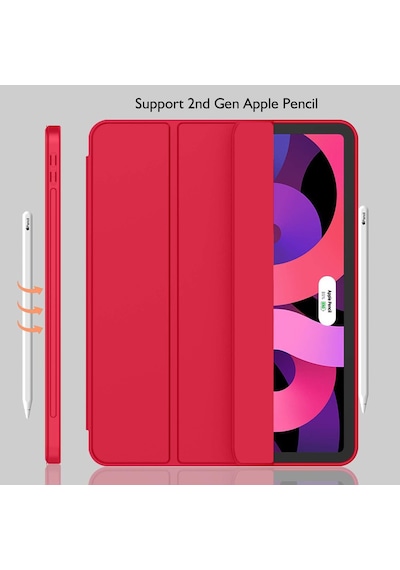 Apple Uyumlu iPad Air 11 İnç Kılıf M3 2025 / M2 2024 , Apple Uyumlu iPad Air 5. / 4. Nesil Kılıf 2022/2020 10,9 İnç Kalem Tutuculu, Yumuşak Tpu Arka Kısımlı Üç Katlı Akıllı Kılıf Kırmızı