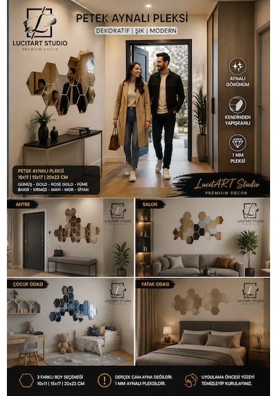 Lucitart 10 Adet Aynalı Pleksi Gümüş Petek Duvar Dekoru Kendinden Yapışkanlı Dekoratif Altıgen Ayna 10x11 - 15x17 - 20x23 Cm