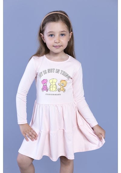 Toontoy Kız Çocuk Ayıcık Baskılı Elbise Pudra