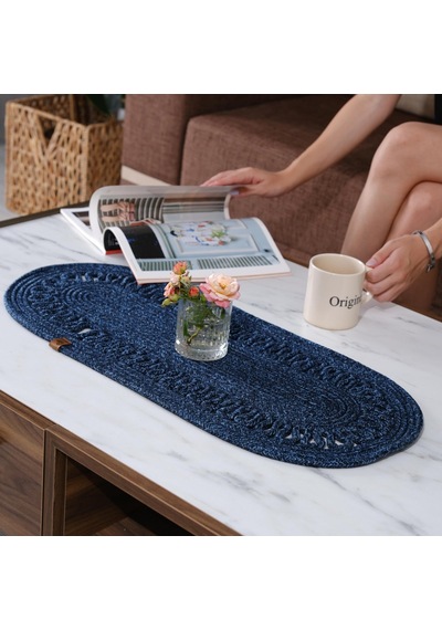 Modern Doğal Jüt Dokuma Masa Örtüsü, Örgülü Sehpa Yolluğu, Oval Masa Örtüsü Yemek Masası Veya Teras İçin Mavi Sku: Zeusb0dh5p1ws3 30 x 50