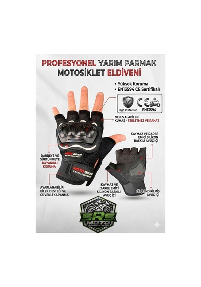 Srsmoto Profesyonel Korumalı Yarım Parmak Motosiklet Eldiveni - Yazlık Nefes Alabilir Motor Eldiveni - 891783957 Diğer