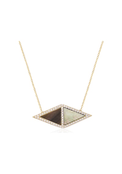 Zirkon Taşlı Pırlanta Montür Altın Kaplama Ortası Sedef Taşlı İkili Gümüş Kolye Gold - Rose Gold - Gümüş