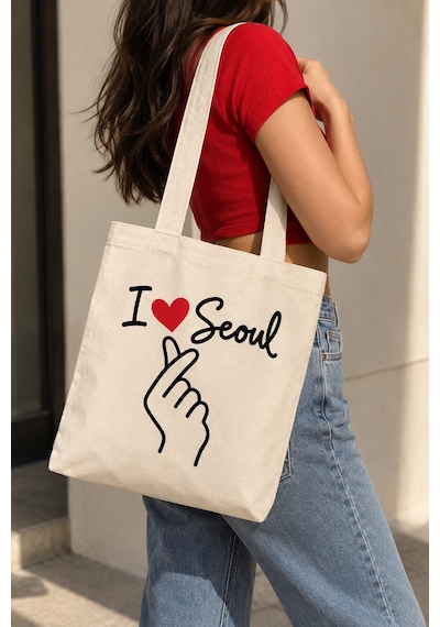 Lunora Collection I Love Seoul Baskılı Körüklü Kanvas Bez Çanta Açık Ten