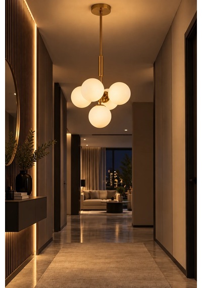 Modern Premium Gold 5'li Opal Küre Sarkıt Avize Gold Gövde Dekoratif Salon Avizesi 5xe14 Beyaz