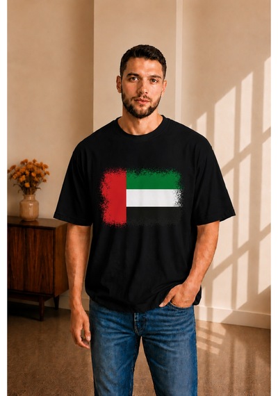 Sngl Tekstil Erkek Oversize Bae Bayrak Baskılı Kısa Kollu Tişört S M L Xl 2xl Siyah