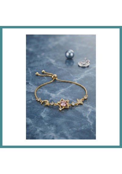 Trendexa Pembe Taşlı Yıldız Model Gold Renk Zirkon Taşlı Asansörlü Bileklik Mac