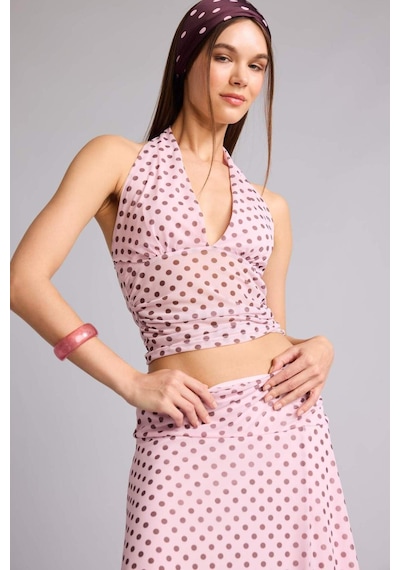 Defacto Fıtted Puantiye Halter Yaka Tül Pembe Bluz H5916ax26smpn440 Pembe-pn440