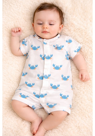 Necix's Erkek Bebek Yazlık Pamuklu Penye Kumaş Tulum 0- 6 Ay 5485 5480 Beyaz Yengeç Beyaz Yengeç