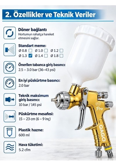Qago Gti Pro Te20 Havalı Boya Tabancası 1.3mm Üstten Depolu 600ml Gold