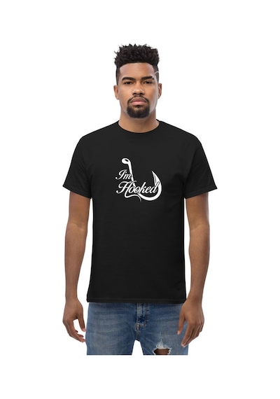 Wildstyle I'm Hooked Balıkçılık Olta Balıkçı Tutkusu Baskılı Unisex Bisiklet Yaka Pamuklu Tişört Siyah