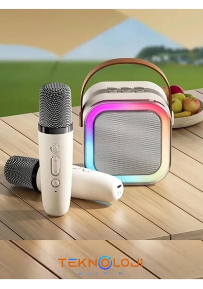 Çift Karaoke Mikrofonlu Kablosuz Bluetooth Hoparlör 5 Ses Efektli Rgb Hd Stereo Ses Usb/sd/fm