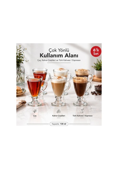 6 Lı Cam Ayaklı Bardak Seti,130 Ml,çay,kahve,türk Kahvesi,espresso Bardağı,cam Kupa Seti Şeffaf