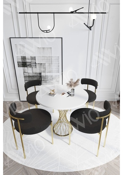 Avvio Pienna Mat Gold Teddy Sandalye 90x90 Yuvarlak Yemek Masası Mutfak Masası Masa Sandalye Takımı Beyaz