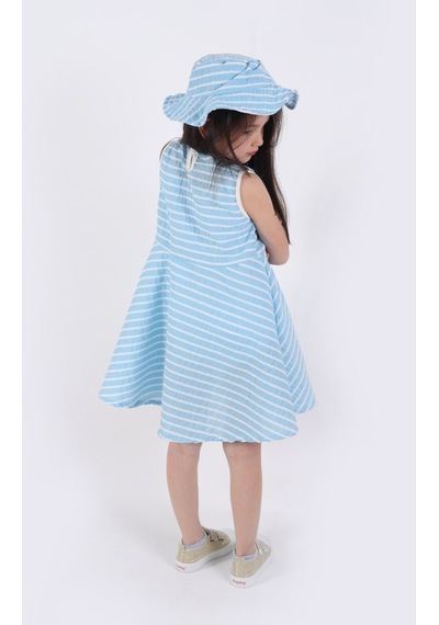 Aden Kids Kız Çocuk Çizgili Yazlık Elbise Ve Şapka Takımı - 2'li Set 4-12 Yaş Mavi