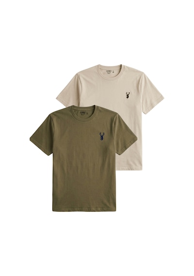 Genius Store Erkek Siyah Tişört %100 Pamuk Süprem Basic Tişört Bisiklet Yaka Nakışlı T-shirt Erkek-2li Haki-bej
