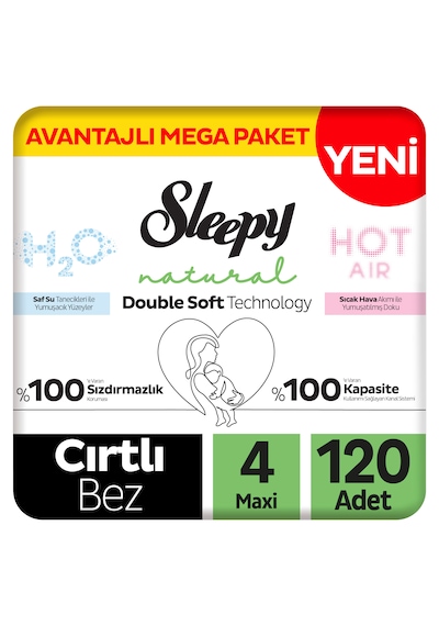 Sleepy Natural Double Soft Avantajlı Mega Paket Bebek Bezi 4 Numara Maxi 120 Adet