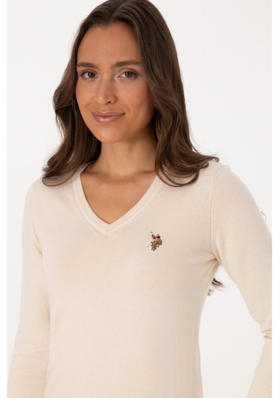 U.S. Polo Assn. Kadın Krem V Yaka Basic Kazak 50307727-VR256