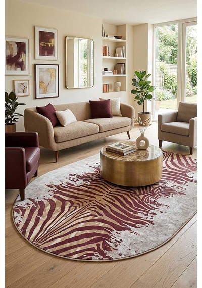 Frenda Home Zebra Desen Pamuk Taban Baskılı Oval Halı Kahve Krem