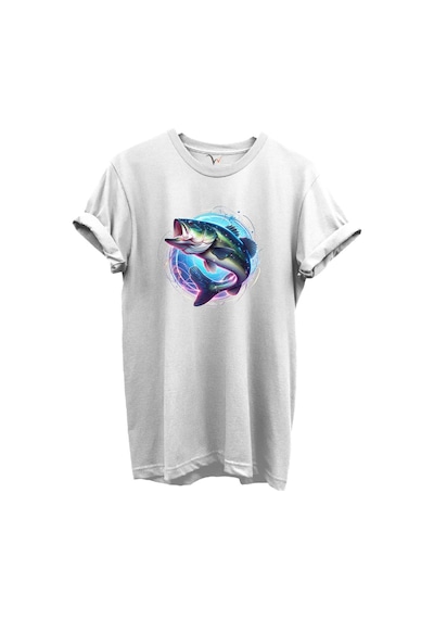 Renkli Neon Balık Desenli %100 Pamuk Regular Fit Unisex T-shirt Beyaz